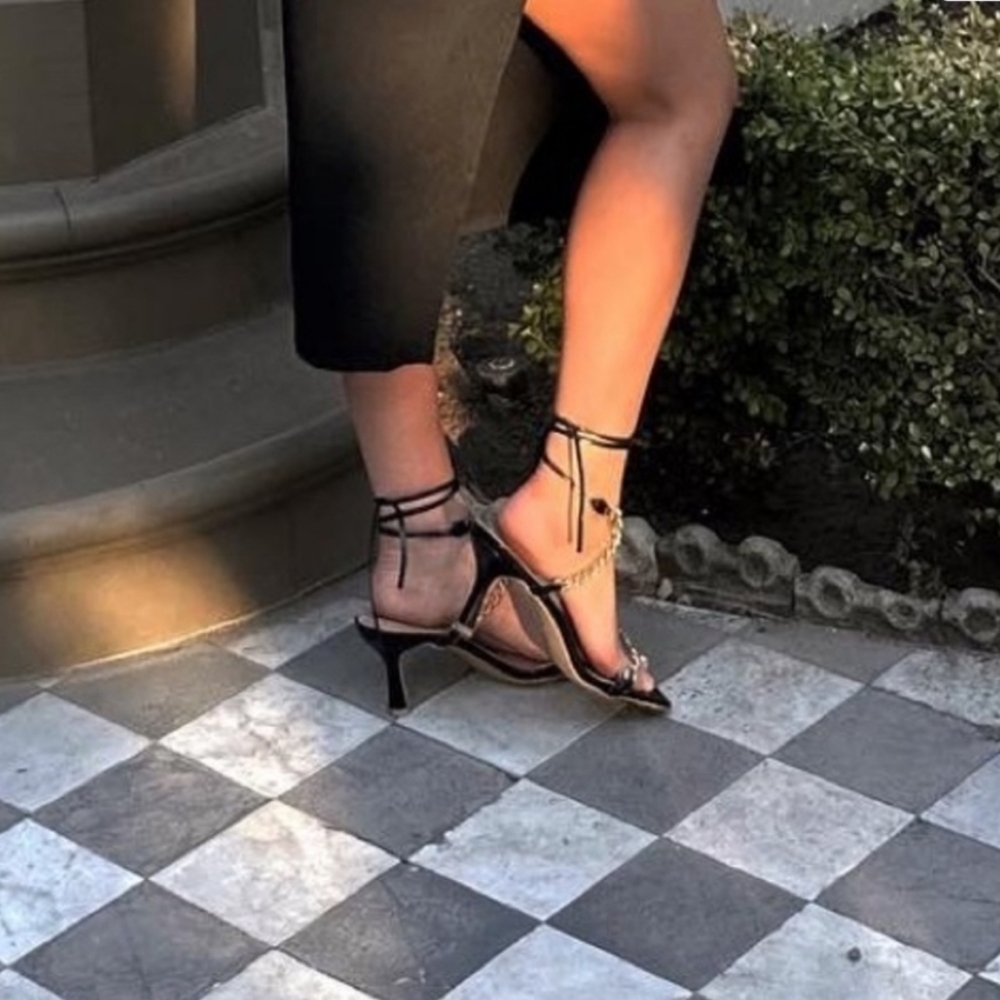Sexy Black and Gold Chain Crossover Ankle Strap Heels Shoes - Picture 3 of 7